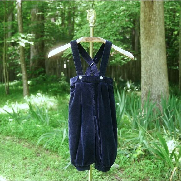 Vintage 90s Boys Navy Blue Velvet Velour Romper - Picture 1 of 6